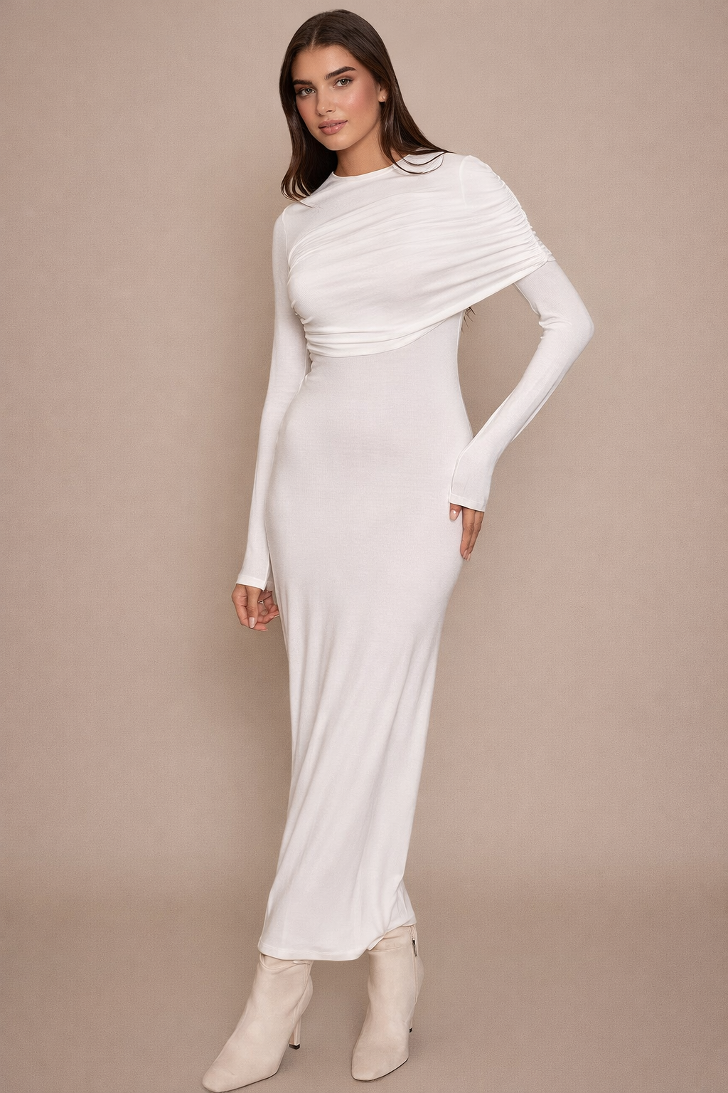 Cream Ruched Overlay Long Sleeve Maxi Dress