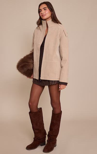 Tan Funnel Neck Concealed Placket Longline Suede Jacket