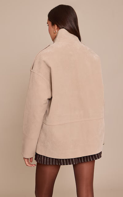 Tan Funnel Neck Concealed Placket Longline Suede Jacket