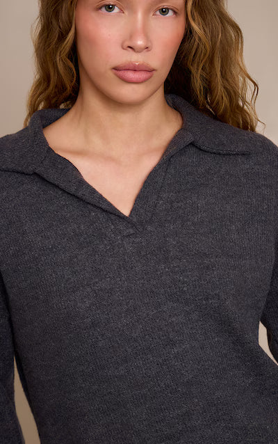 Brown Wool Rib Collar Detail Long Sleeve Slouchy Top