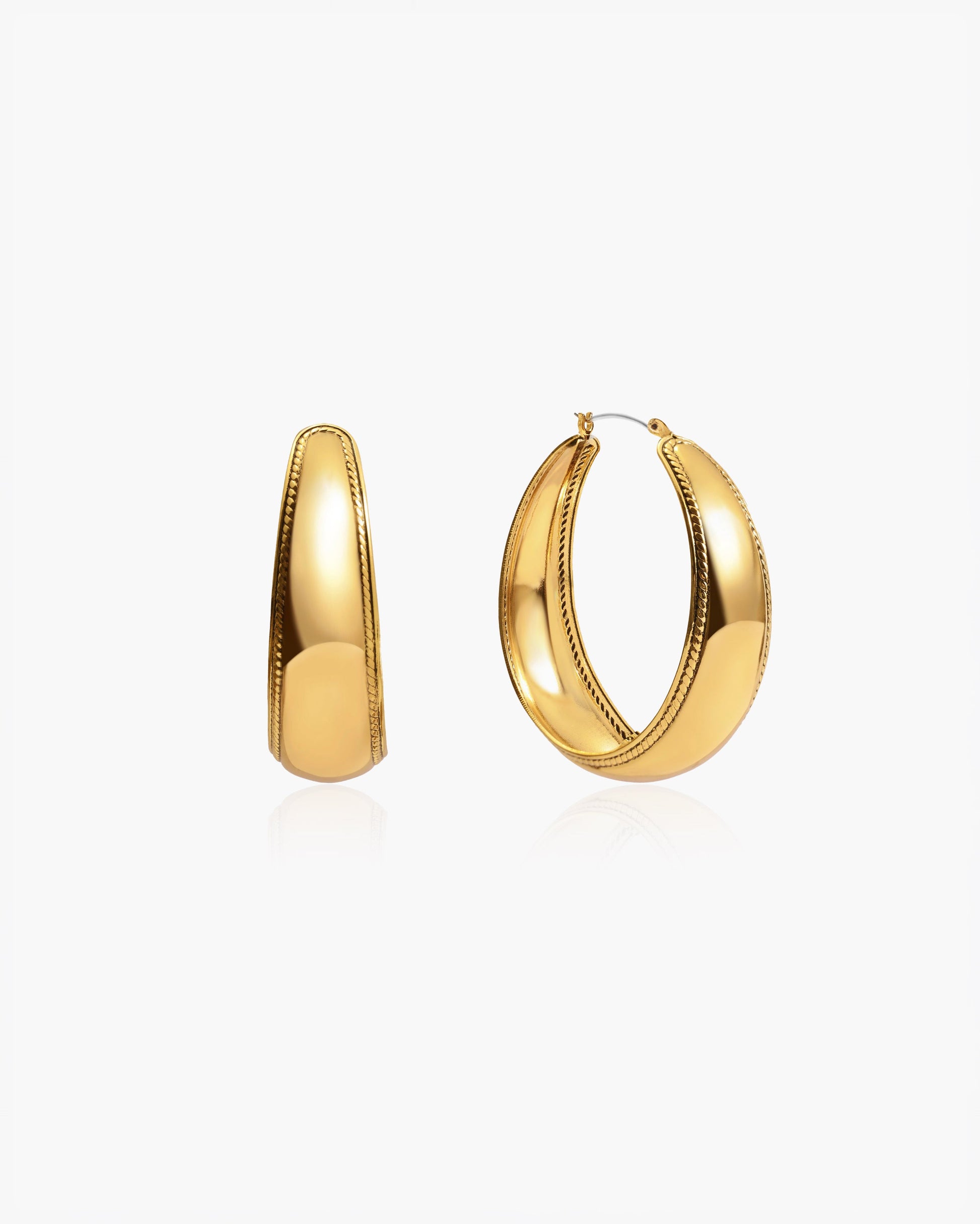 Orin large gold hoop earrings with rope texture trim. 46mm diameter.