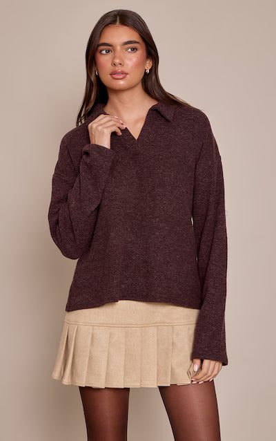 Brown Wool Rib Collar Detail Long Sleeve Slouchy Top