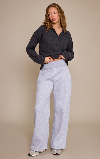 Brown Wool Rib Collar Detail Long Sleeve Slouchy Top