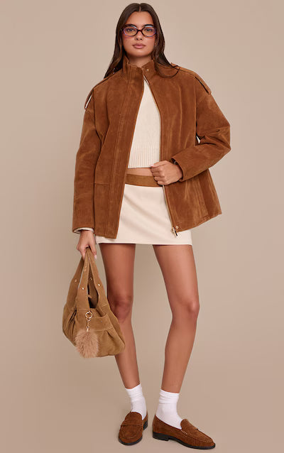 Tan Funnel Neck Concealed Placket Longline Suede Jacket