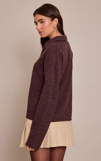 Brown Wool Rib Collar Detail Long Sleeve Slouchy Top