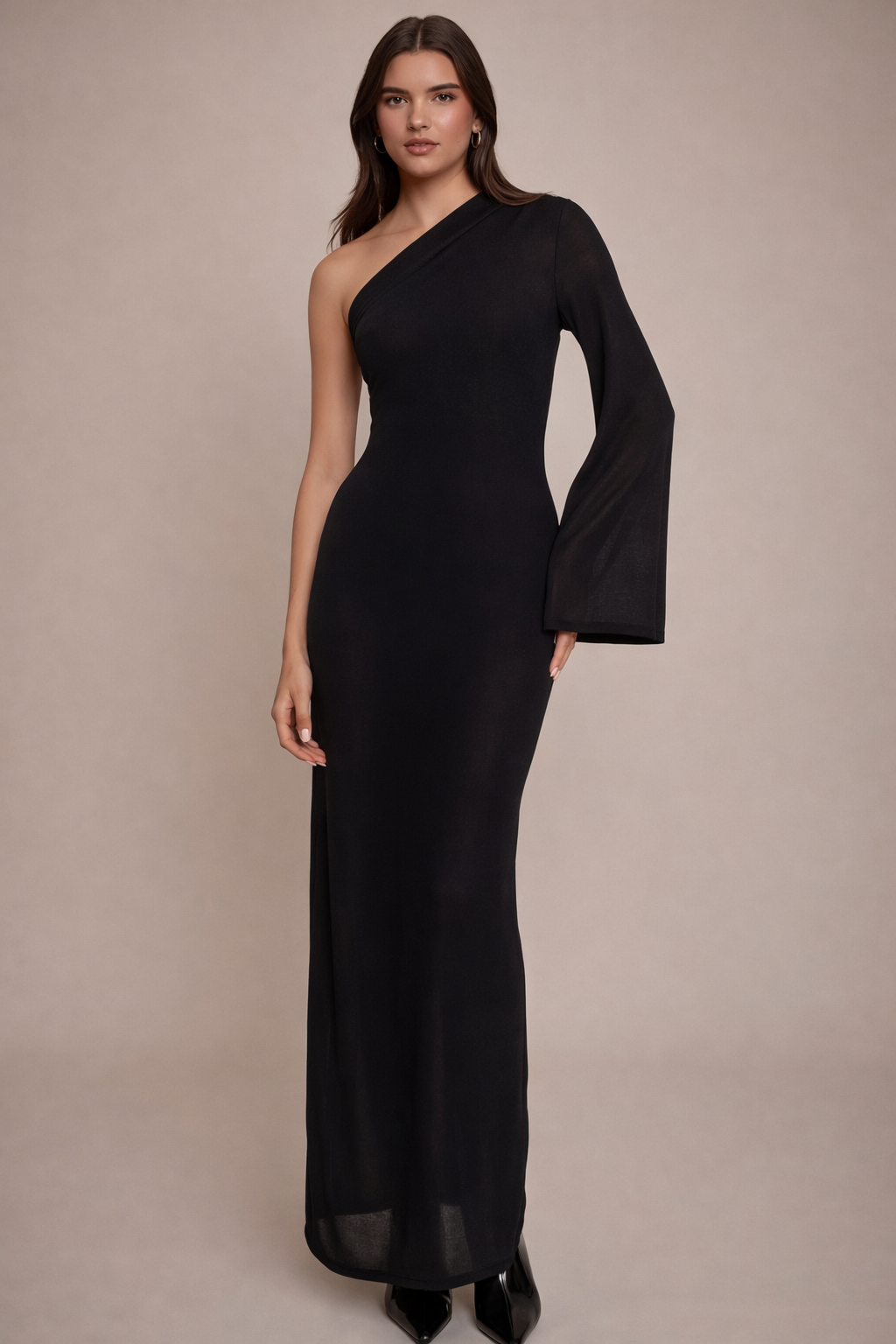 Long black textured jersey dress