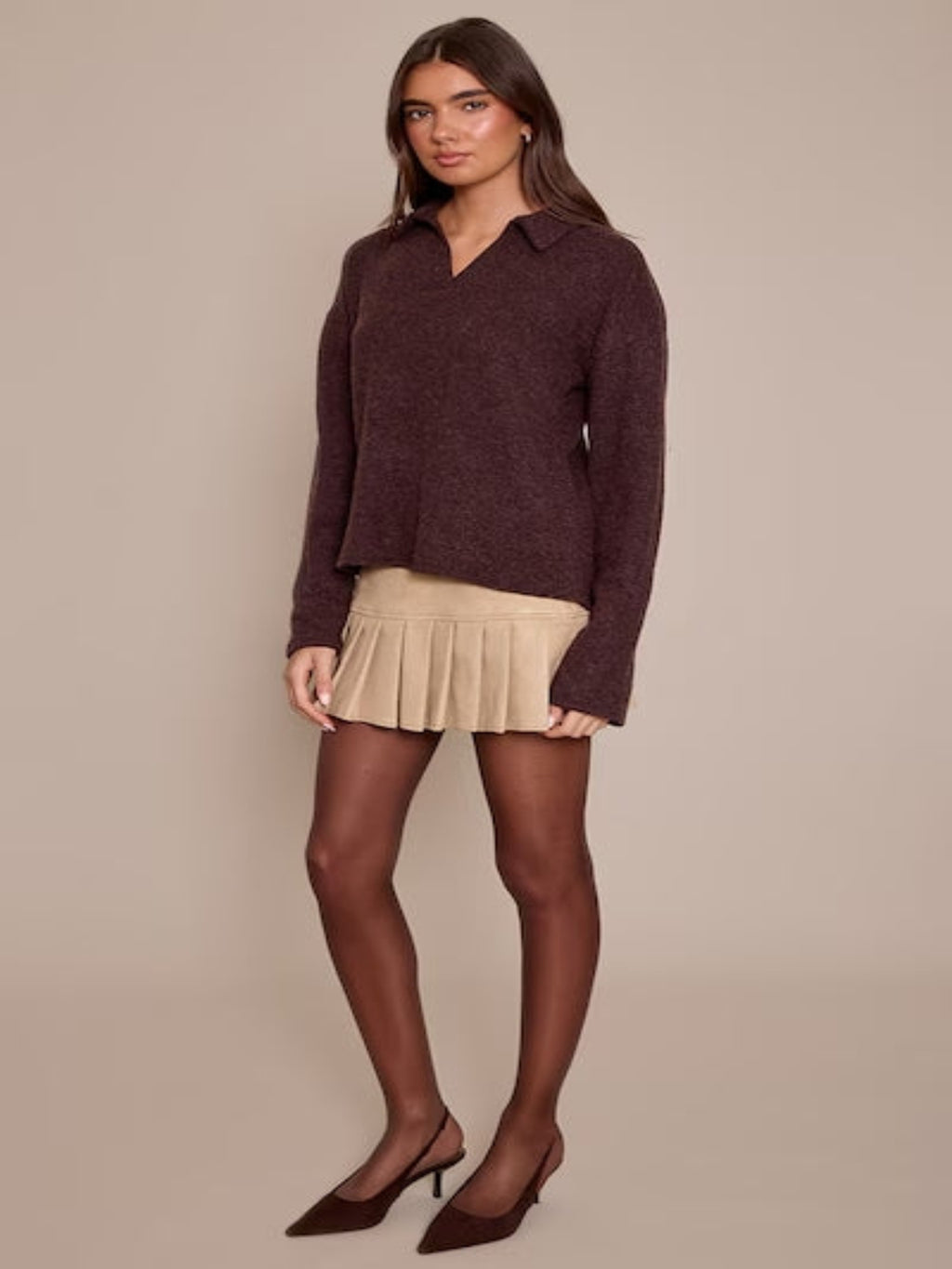 Brown Wool Rib Collar Detail Long Sleeve Slouchy Top