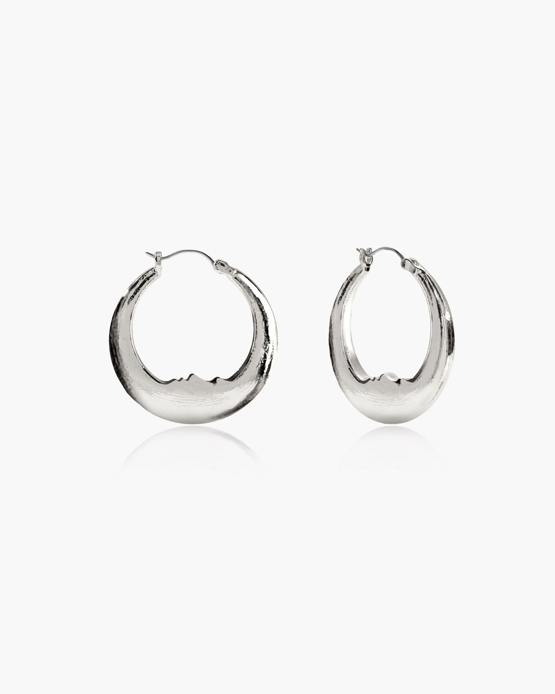 Silver Luna hoop earrings with carved face detail, 18k gold plated brass