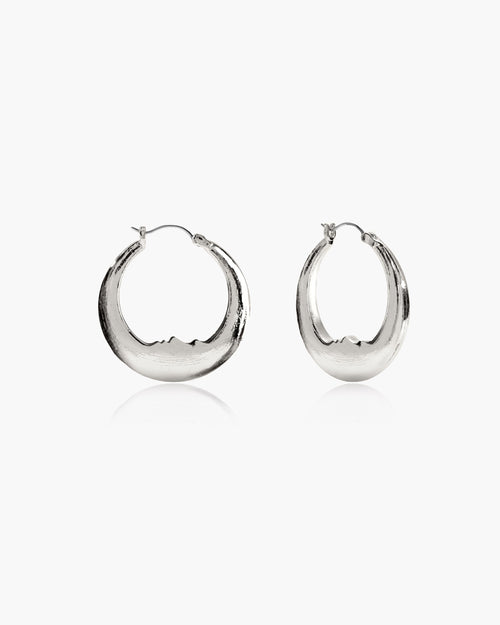 Silver Luna hoop earrings with carved face detail, 18k gold plated brass