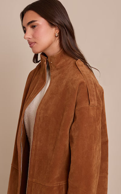 Tan Funnel Neck Concealed Placket Longline Suede Jacket