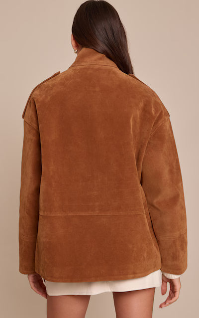 Tan Funnel Neck Concealed Placket Longline Suede Jacket