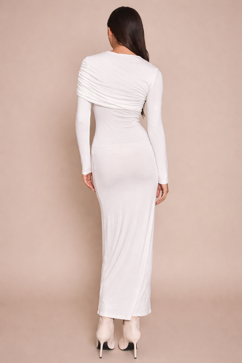 Cream Ruched Overlay Long Sleeve Maxi Dress