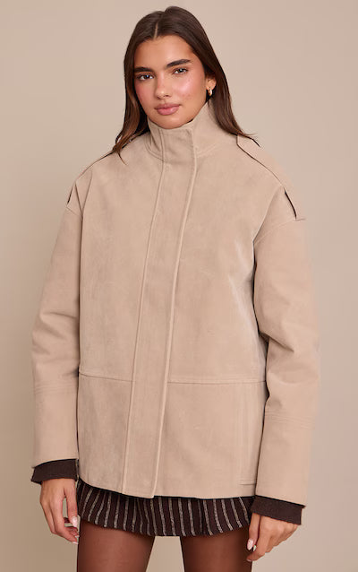 Tan Funnel Neck Concealed Placket Longline Suede Jacket
