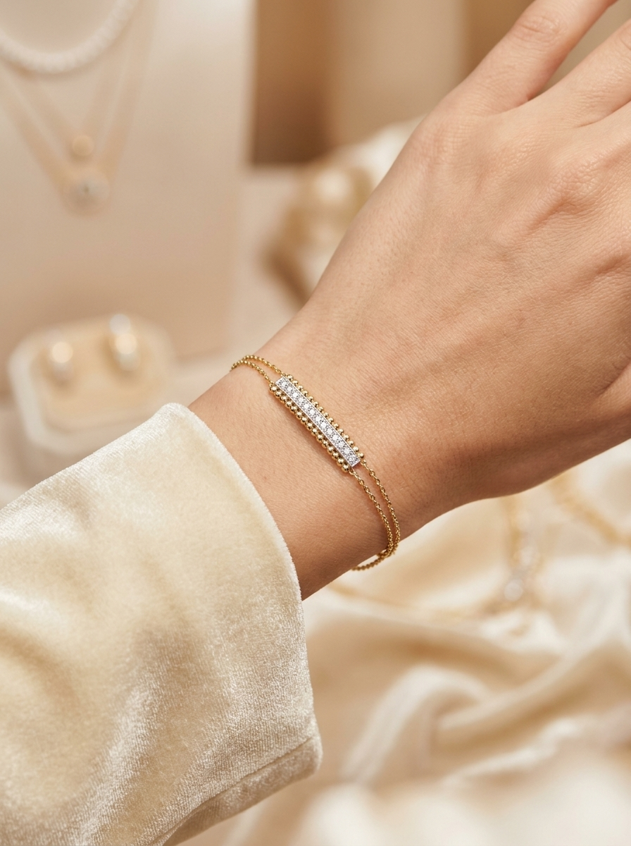 Shimmer Bar Bracelet — Delicate Gold Chain with Pavé Sparkle