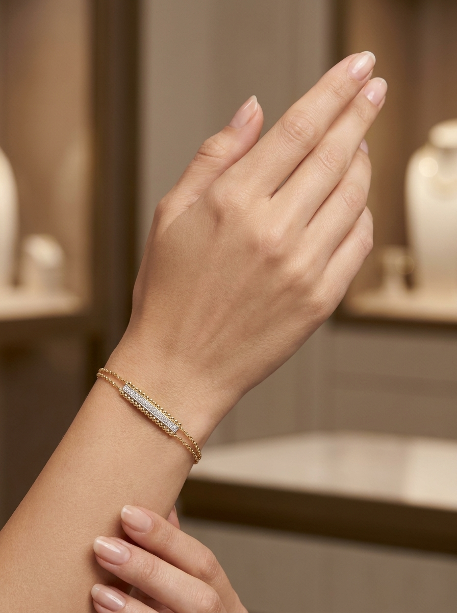 Shimmer Bar Bracelet — Delicate Gold Chain with Pavé Sparkle